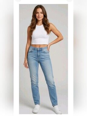 Y2k H&M Boyfriend Mid Rise Tapered Straight Jeans Light Wash Blue Denim 28 L